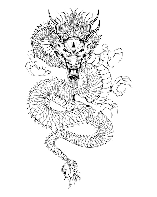 Illustration of black japanese dragon on white background