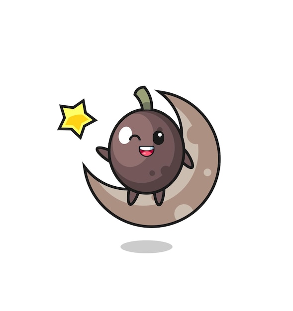 Illustration of black olive cartoon sitting on the half moon