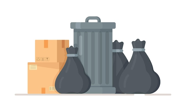 illustration of black trash bags standing near a trash can.