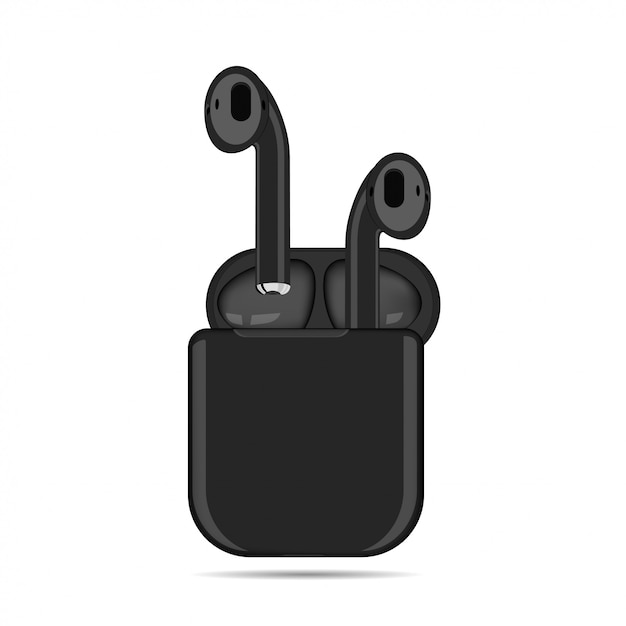  illustration of black wireless headphones in a case on a white background