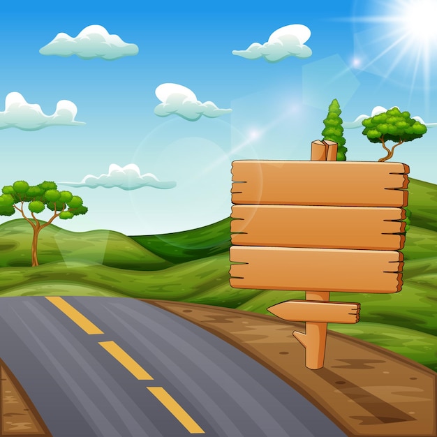 Illustration of blank wooden sign on the road