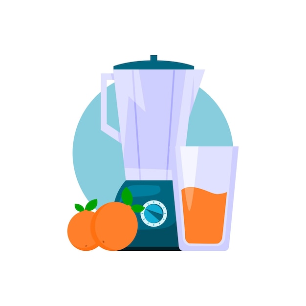 Illustration of a blender or juicer and orange fruit and orange juice with flat illustration style