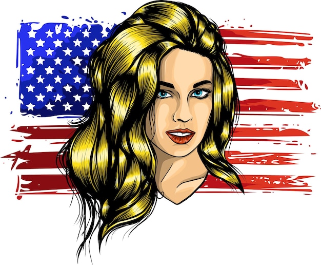 Vector illustration of blonde woman with usa flag