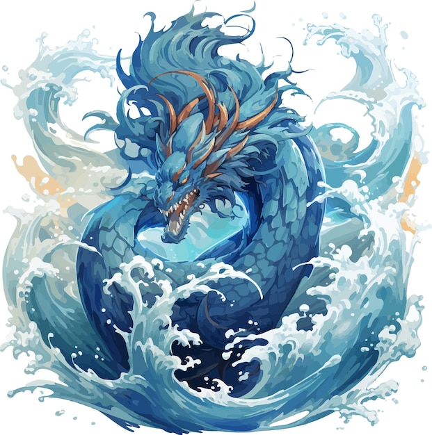 Vector illustration of a blue dragon rising from the water baring its teeth