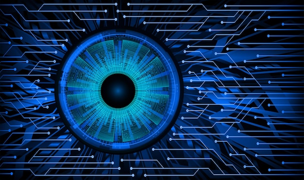 Vector an illustration of a blue eye with a circuit board in the background.