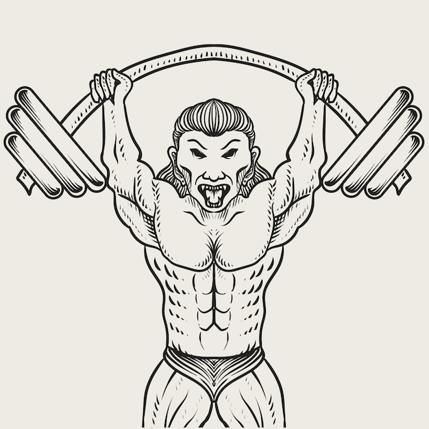 Illustration bodybuilder lifting a very heavy barbell black and white color