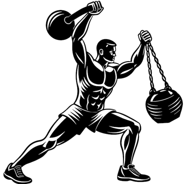 illustration of a bodybuilder with kettlebell and barbell