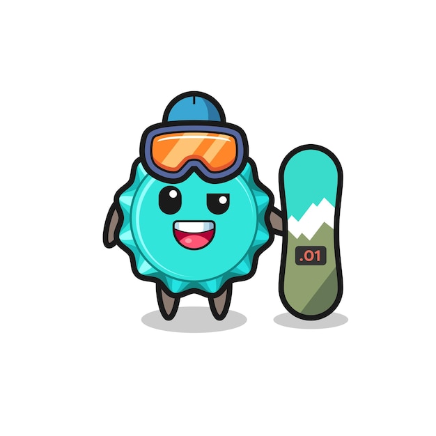 Illustration of bottle cap character with snowboarding style