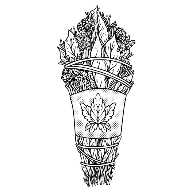 Illustration of bouquet of dried flowers. Ink line hand drawn.