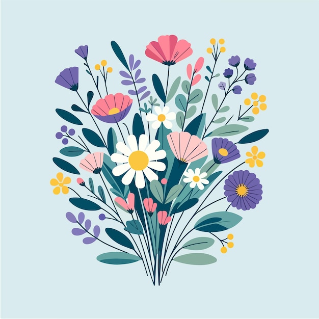 Vector illustration of a bouquet of various flowers and leaves arranged in a circular pattern