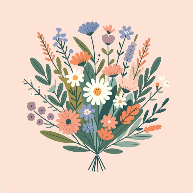 Vector illustration of a bouquet of various flowers and leaves arranged in a circular pattern