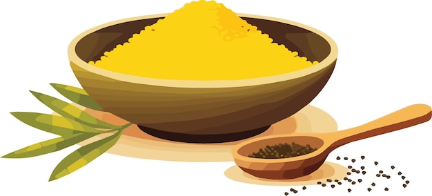 Vector illustration of a bowl full of yellow mustard seeds with a wooden spoon