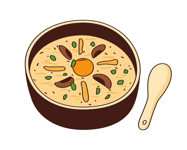 Illustration of a bowl of miso soup with a wooden spoon