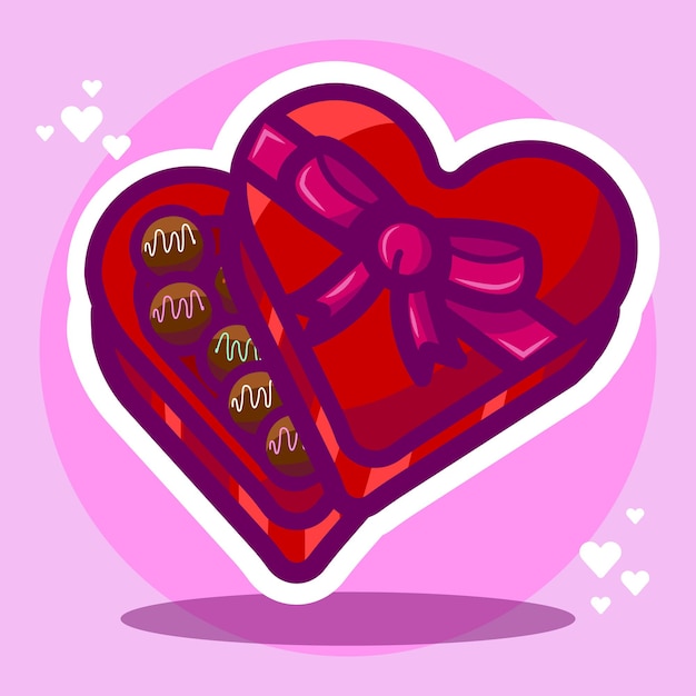 Vector illustration of a box of chocolates in the shape of a heart with chocolate bombomes for valentines