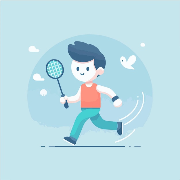 Illustration of a boy character playing badminton with a flat vector design