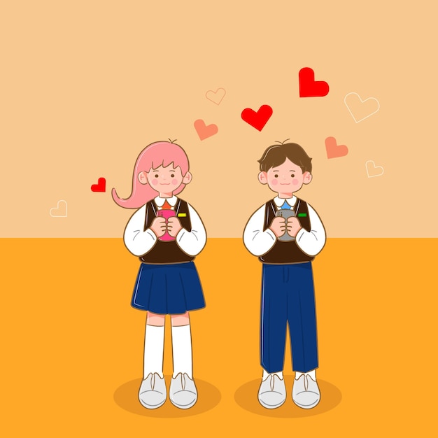 Illustration of a boy and a girl standing holding a mobile phone