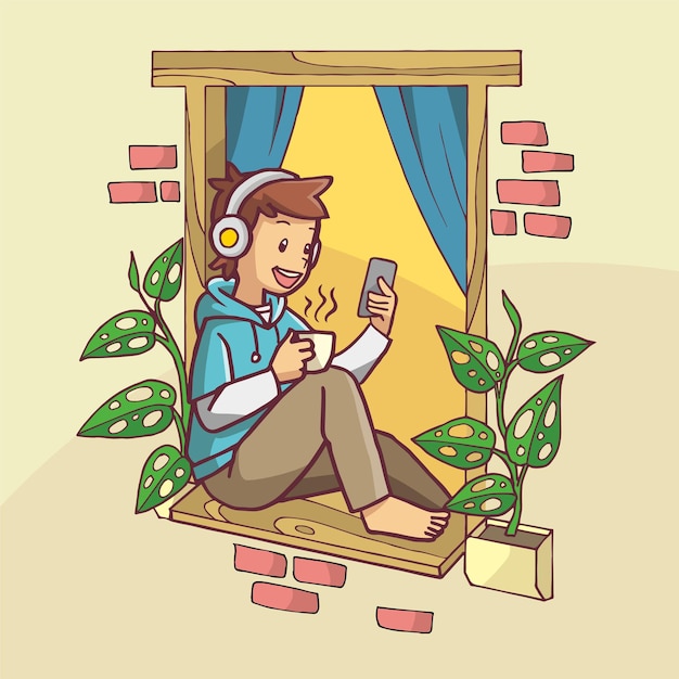 Illustration of boy relaxing at the window using headphones while drinking coffee. Hand drawn art