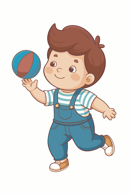 Vector illustration of boy with brown hair playing with a ball minimalist vector