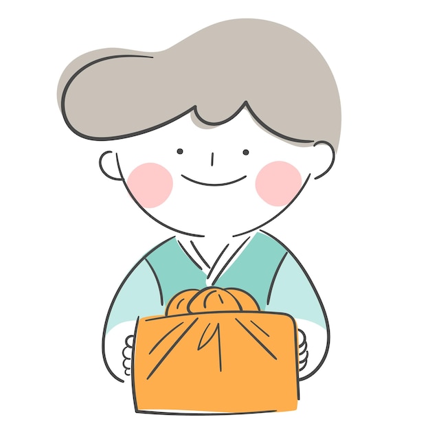 An illustration of a boy with hanbok and holding a gift bundle.