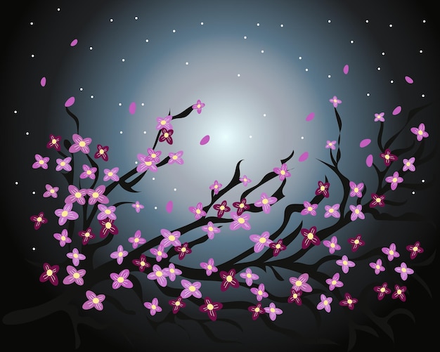 Vector illustration a branch with lilacpink flowers against the background of the night sky