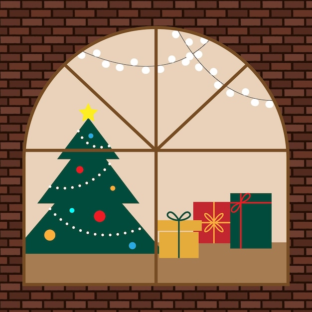 An illustration of a brick building with a view of the interior decorated with Christmas decorations