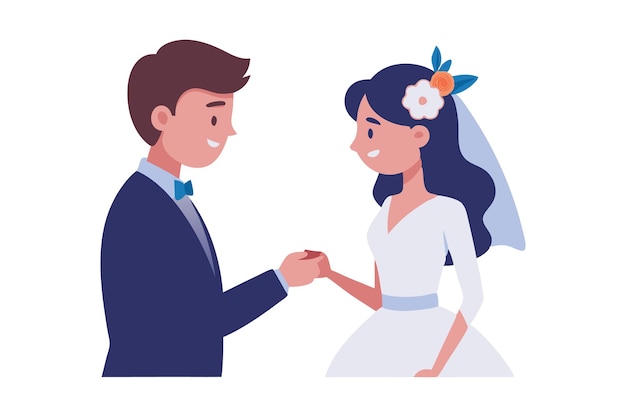 Illustration of a bride and groom holding hands on their wedding day in elegant attire