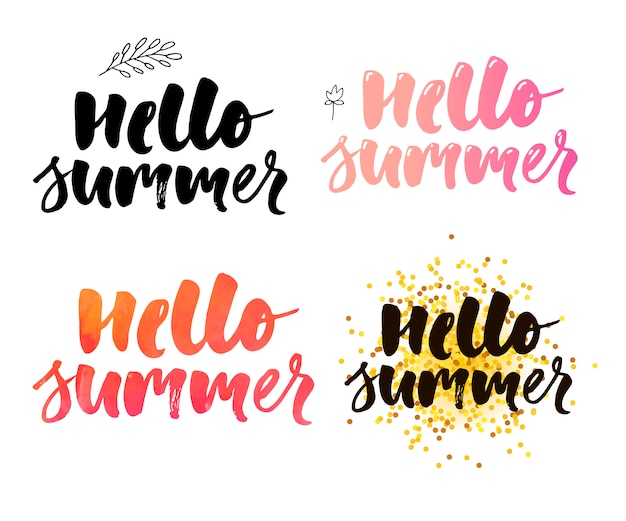  illustration: Brush lettering composition of Summer Vacation slogan Hello summer Set