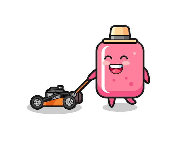 Illustration of the bubble gum character using lawn mower