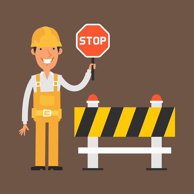 Illustration, builder holding stop sign and smiling, format EPS 10