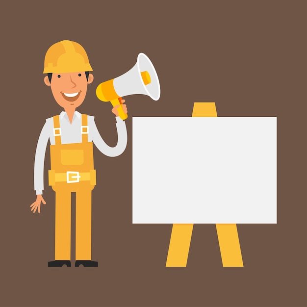 Illustration, builder stands near with flip-chart holds megaphone, format EPS 10