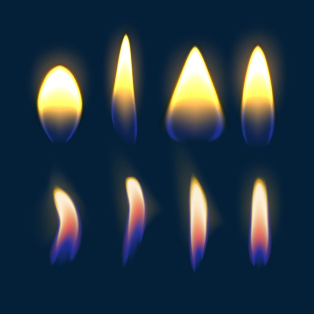  illustration of burning multicolored fire, candle flame set on blue background