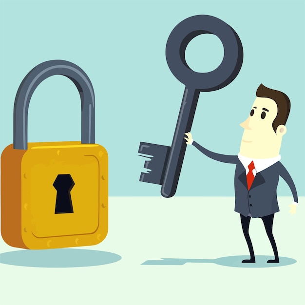 Vector illustration of a business person opening a padlock with a key