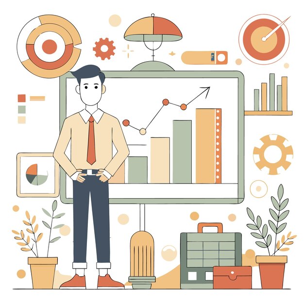 Vector illustration of a business person with graphs and data elements