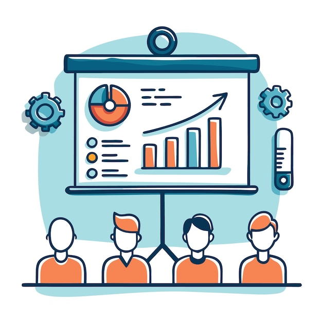 Vector illustration of a business presentation with graphs and audience