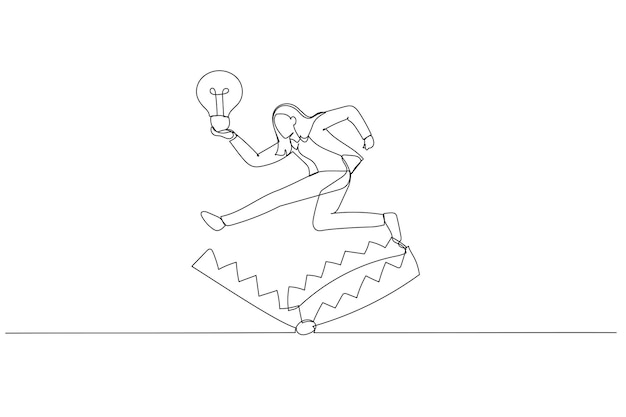 Illustration of business woman avoid trap with good business idea lightbulb Continuous line art style