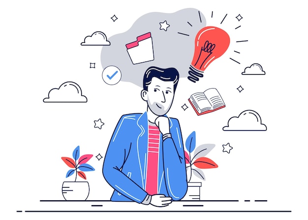 Illustration of a businessman looking for ideas. Businessman get ideas