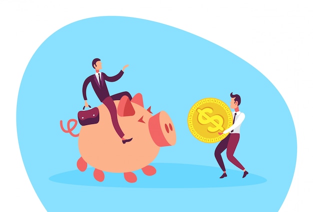 Illustration of a businessman sitting on piggy bank