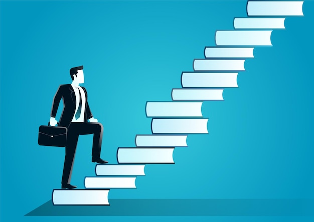  illustration of businessman with suitcase going up the stairs made from books. describe challenge, target business and knowledge. 