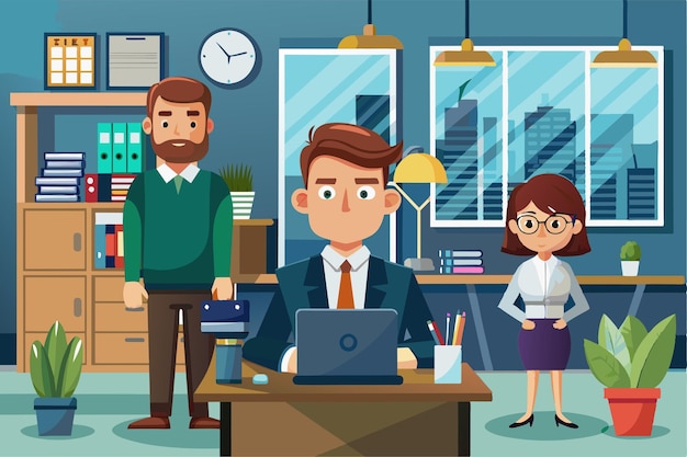 Illustration of a businessman working at his desk in an office with two colleagues In the office Customizable Disproportionate Illustration