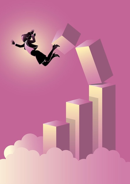 An illustration of A Businesswoman falling down from graph chart crumbled