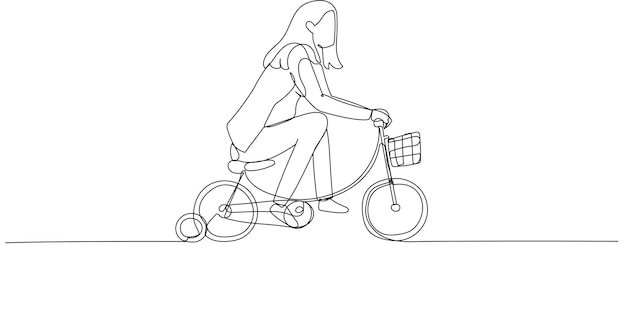 Illustration of businesswoman practice riding child bicycle with training wheels concept of training practice for success One line art style