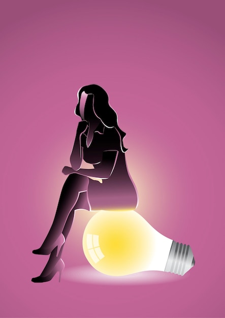 An illustration of a businesswoman sitting and thinking on a light bulb