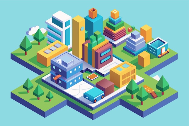 Illustration of a busy city scene with various tall buildings and cars driving on the roads No data Customizable Isometric Illustration