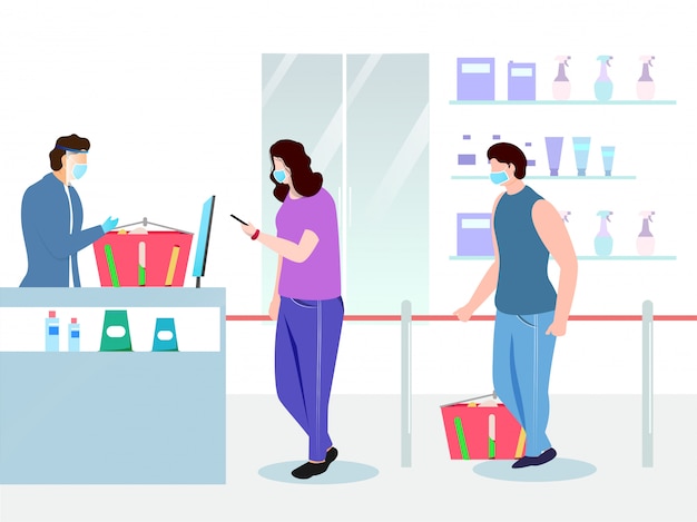 Illustration of Buyers wearing medical mask with product basket in front of supermarket store counter and maintaining social distance for Avoid Coronavirus.