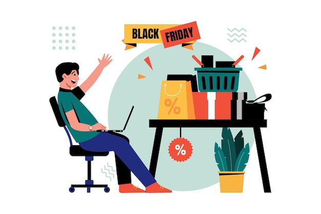 Vector illustration of buying goods online with black friday discounts