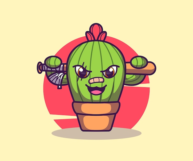 illustration of a cactus mascot holding a stick icon vector flat cartoon style