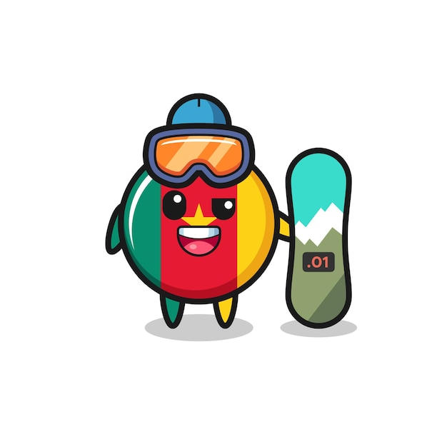 Illustration of cameroon flag badge character with snowboarding style