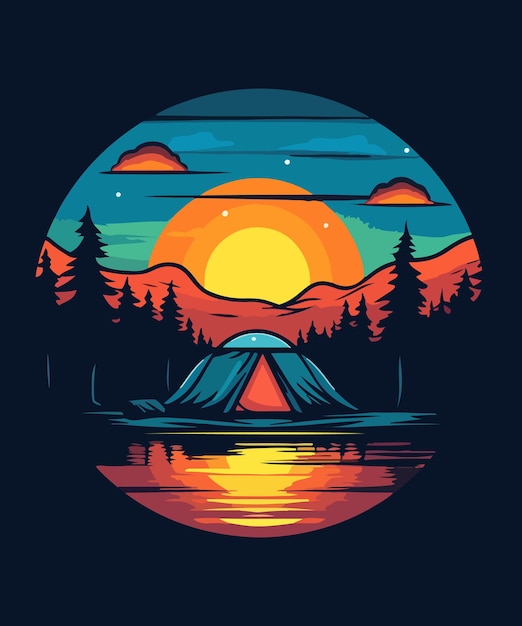 Illustration of a camping tent in a forest.