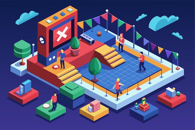 Vector illustration of a cancelled event with a red x on a screen empty stands and people leaving cancelled event customizable isometric illustration