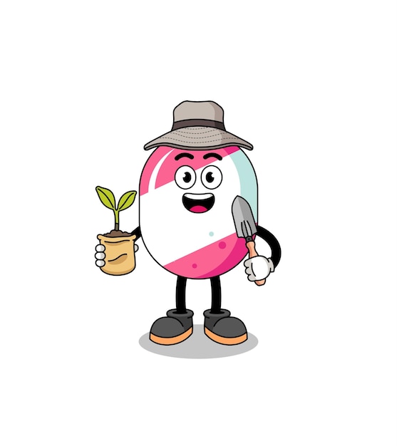 Illustration of candy cartoon holding a plant seed